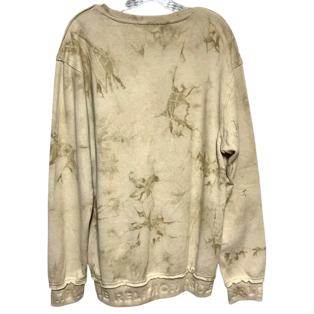True Religion Debossed Rib Pullover Tie Dye Crew Neck Sweatshirt Tan Beige Large